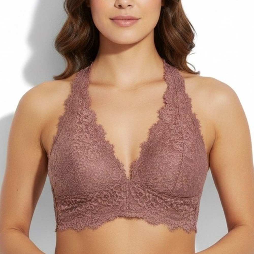 Aerie Floral Lace Halter Bralette Dusty Rose Boho Y-Back Strappy Size M/M